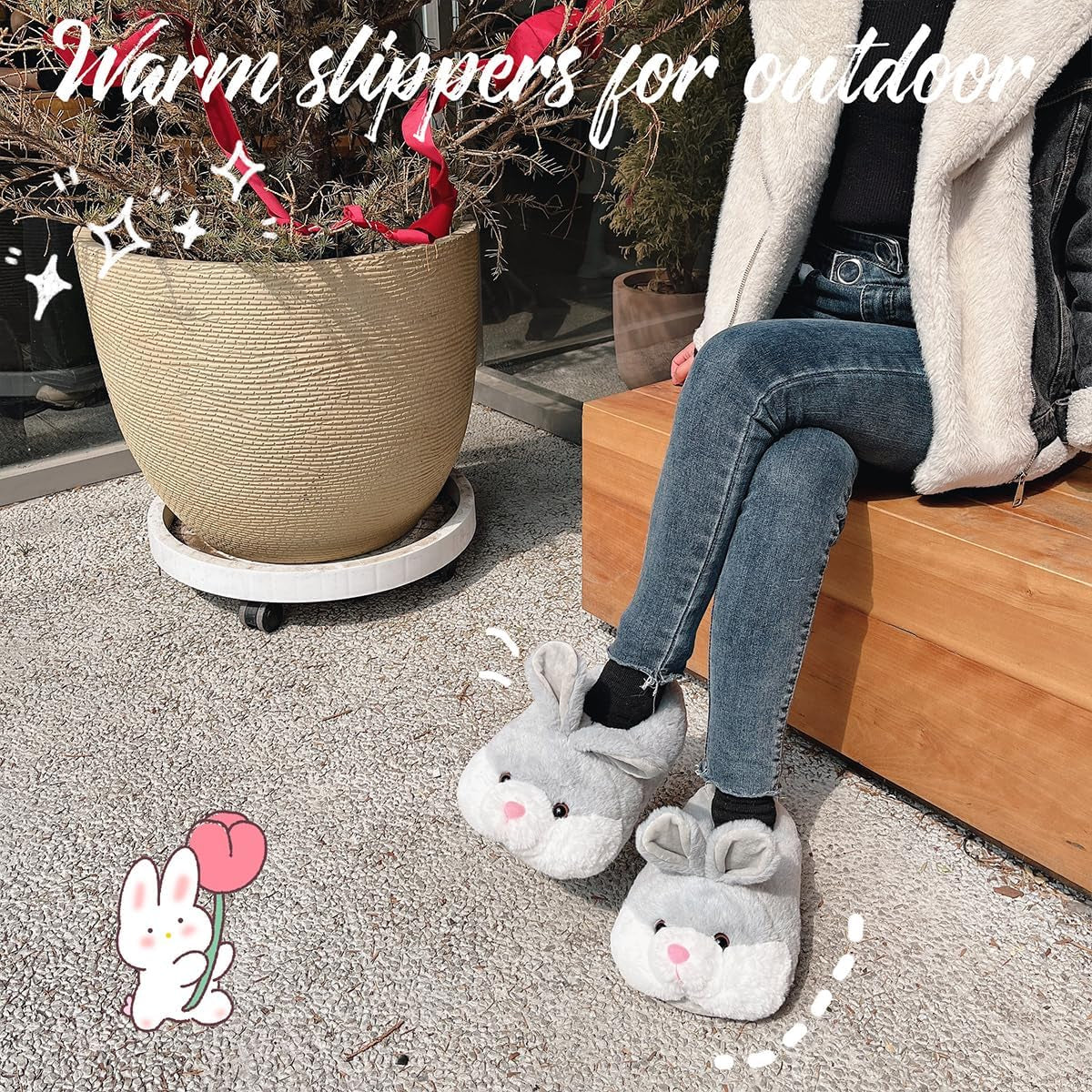 Classic Bunny Slippers for Women Funny Animal Novelty Slippers for Adults Cute Plush Rabbit Bedroom Slippers