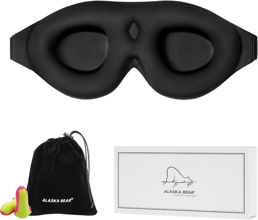 Sleep Mask Memory Foam Contoured Eye Cups for Women and Men, Soft 3D Blackout Eye Mask for Sleeping No Pressure on Eyelids and Eyelashes Protection, Earplugs Set, Black