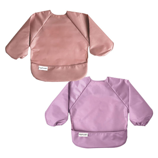 Mess Proof Baby Bib, 2 Pack Long Sleeve Bib Outfit, Waterproof Bibs for Toddlers, Machine Washable, Tug Proof (Taupe Lilac, Small 6-24 Months)