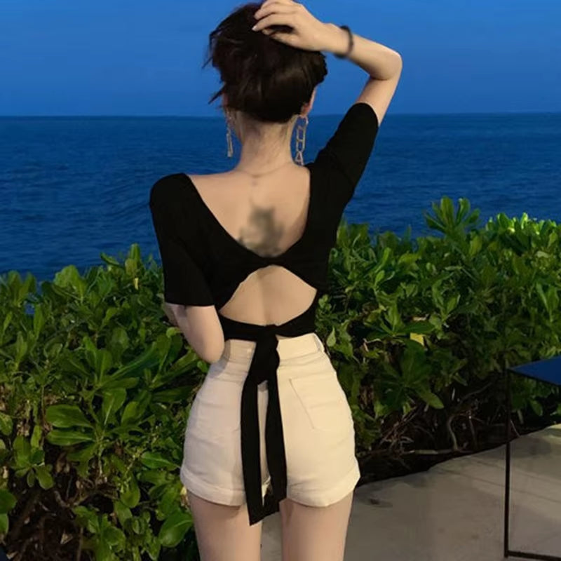 Women Backless T-Shirt Sexy Back Bow Casual Tee Summer Short Sleeve Solid Color T Shirt Top2021