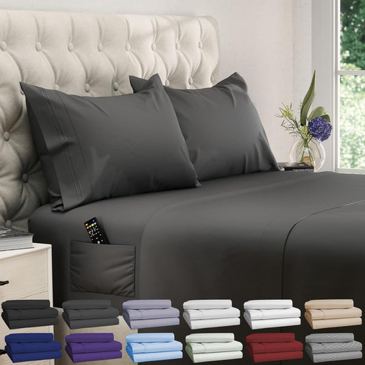 Queen Size Sheets - Cooling Bed Sheets - 4Pcs Set - up to 15" Deep Pocket Queen Sheet Set - Sheets Queen Size Bed - Soft & Long Lasting 100% Fine Brushed Polyester with Side Pocket - Grey