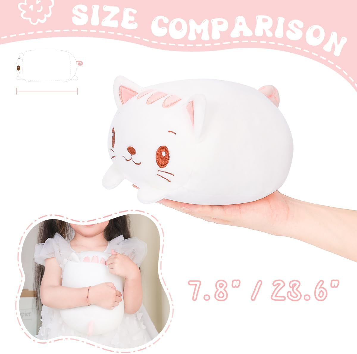 23.6 Inch Cute White Cat Plush Stuffed Animal Cylindrical Body Pillow,Super Soft Cartoon Hugging Toy Gifts