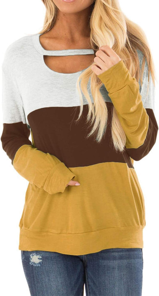 Women'S Fall Color Block Chest Cutout Tunics Long Sleeve Shirts Scoop Neck Blouse Casual Loose Fit Tops