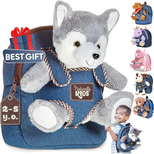 Wolf Backpack, Wolf Toys for Kids 3-5, Toddler Husky Stuffed Animal Gifts for 2 3 4 5 Year Old Girl Boy