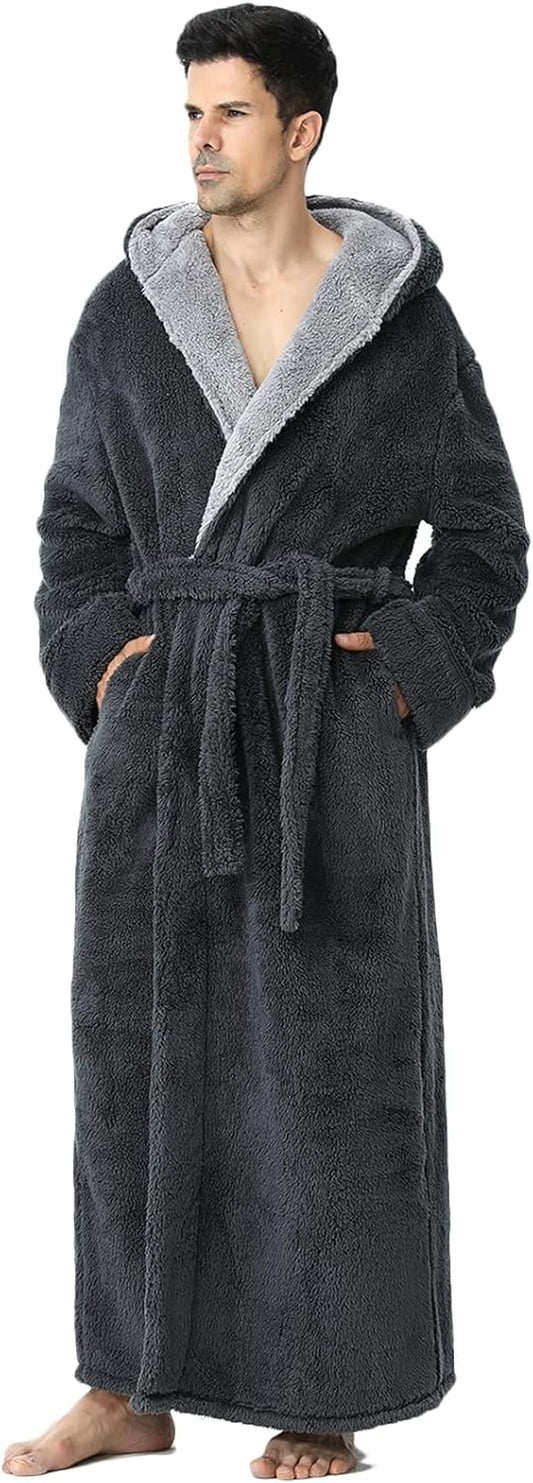 Mens Long Robes with Hood Full Length Hooded Bathrobe Fleece Plush Fluffy Housecoat Nightgown