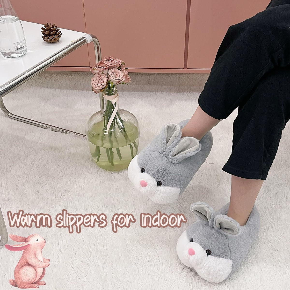 Classic Bunny Slippers for Women Funny Animal Novelty Slippers for Adults Cute Plush Rabbit Bedroom Slippers