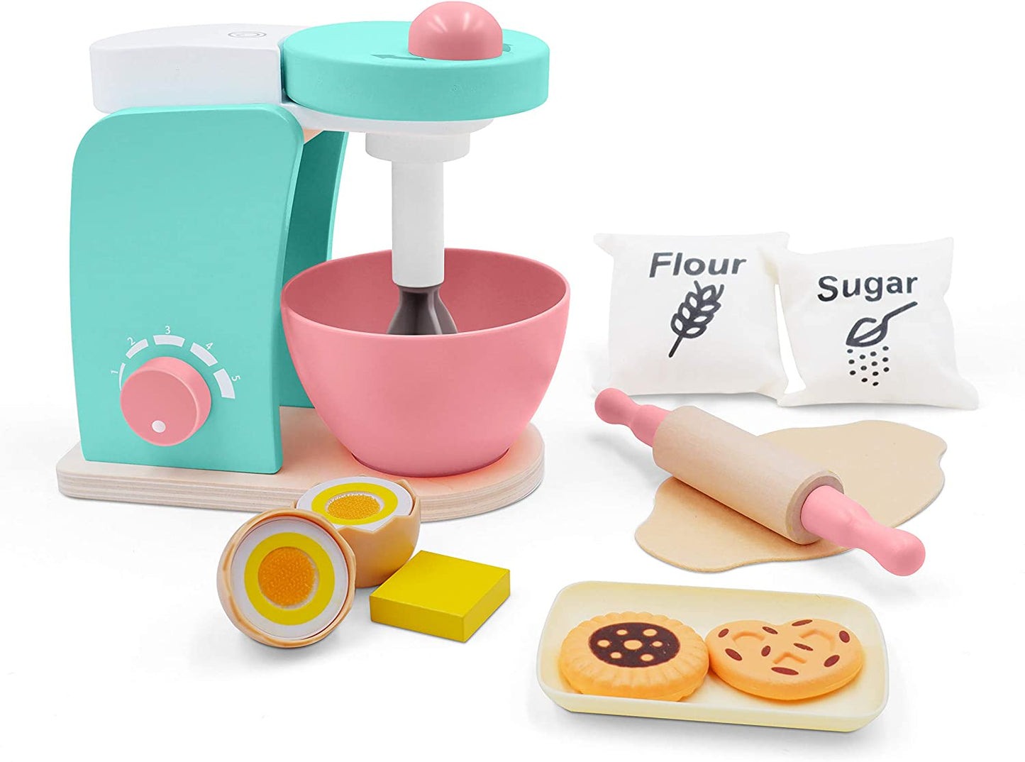 Wooden Toy Bake-Cookie Mixer Set(14 Pcs)- Play Kitchen Accessories Interactive Early Learning Toy, Exclusive Egg, Rolling Pin and Cookie Set - Fun and Colorful for Girls and Boys