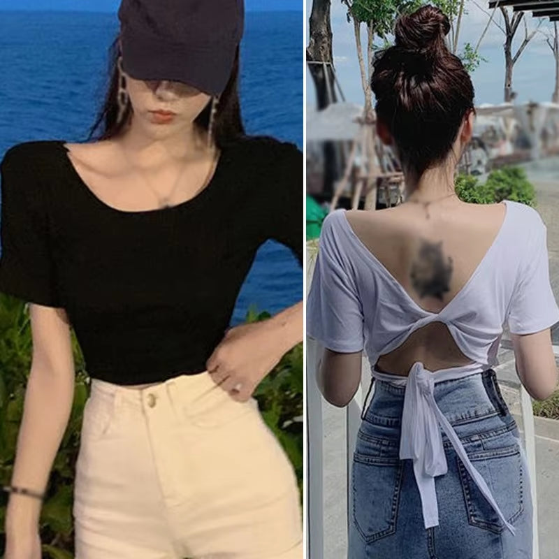 Women Backless T-Shirt Sexy Back Bow Casual Tee Summer Short Sleeve Solid Color T Shirt Top2021