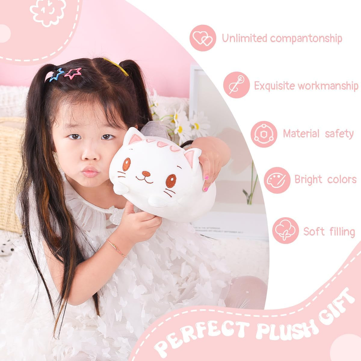 23.6 Inch Cute White Cat Plush Stuffed Animal Cylindrical Body Pillow,Super Soft Cartoon Hugging Toy Gifts