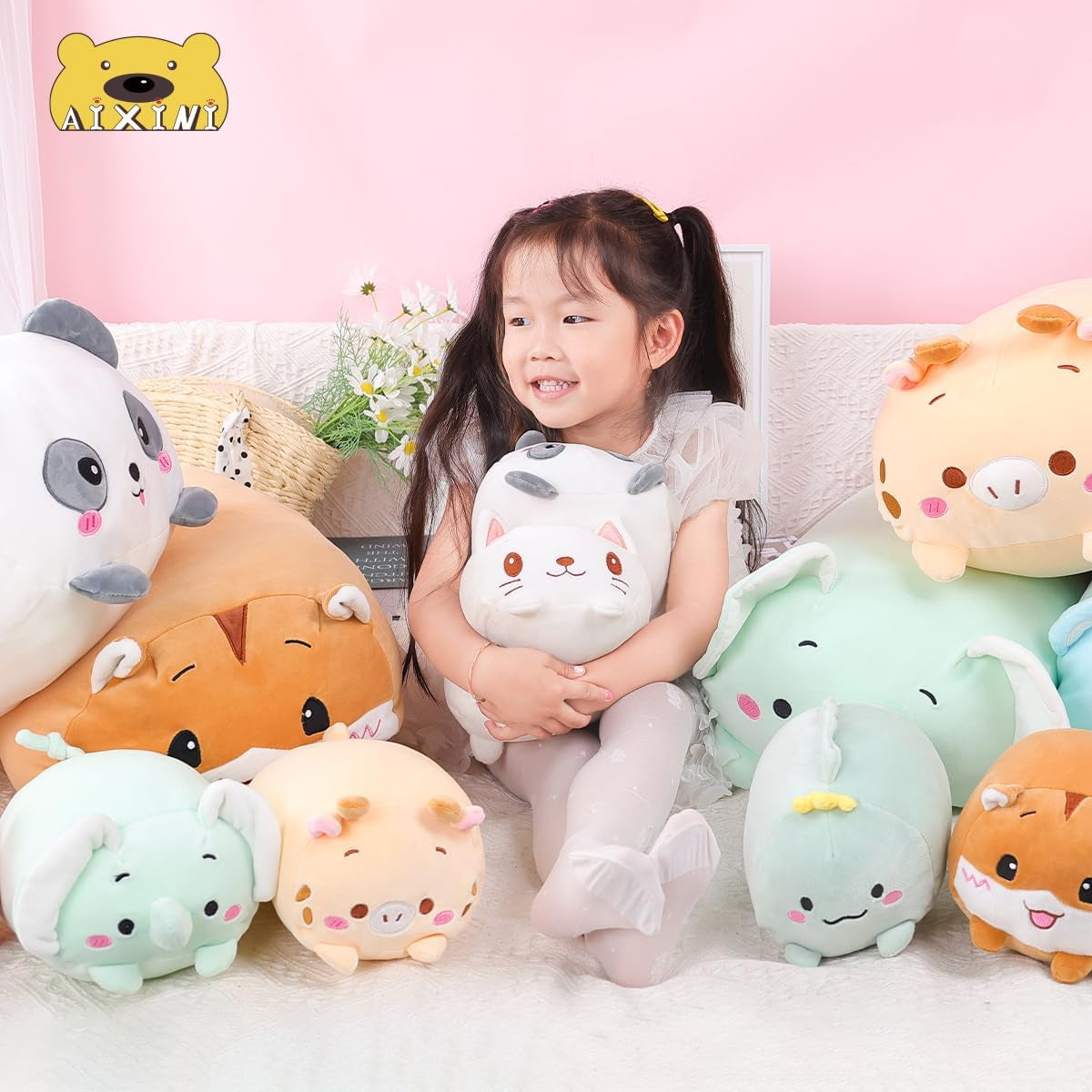 23.6 Inch Cute White Cat Plush Stuffed Animal Cylindrical Body Pillow,Super Soft Cartoon Hugging Toy Gifts