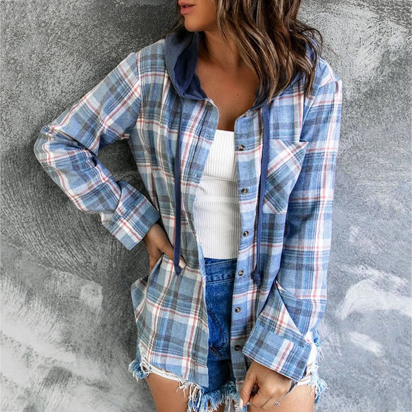 Cozy Retro Plaid Hooded Blouse